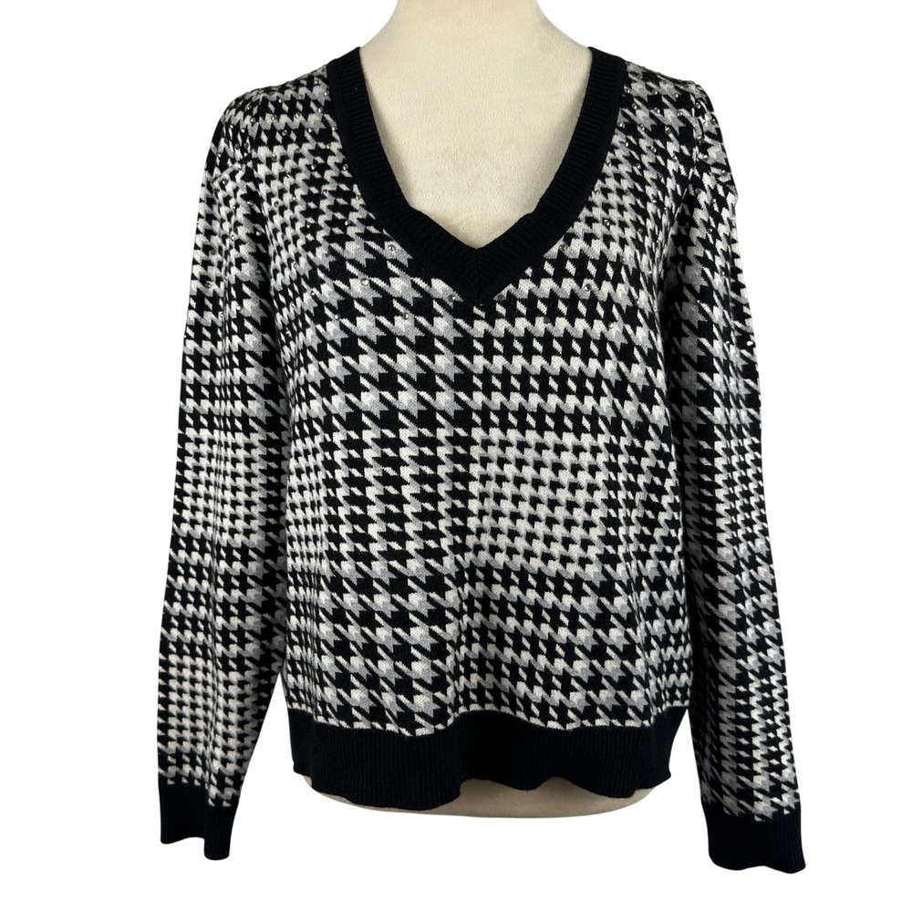 Belldini Black Houndstooth Sweater V-Neck Rhinestone Detail Womens XL Preppy